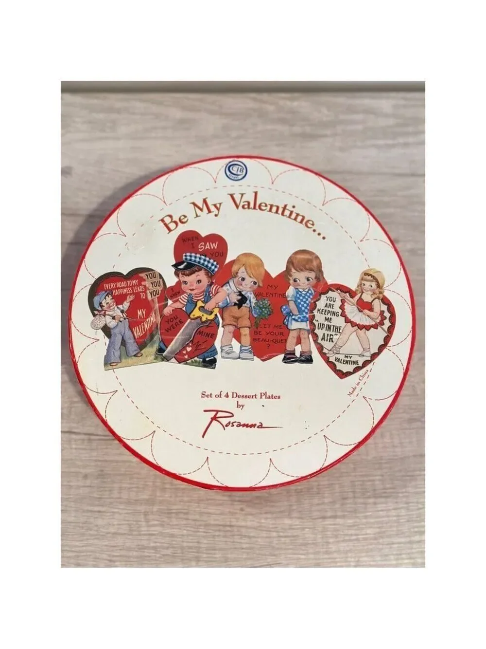 Vintage Rosanna Valentine Dessert Plates Set 4 Red Rim Retro Heart Design 8 in